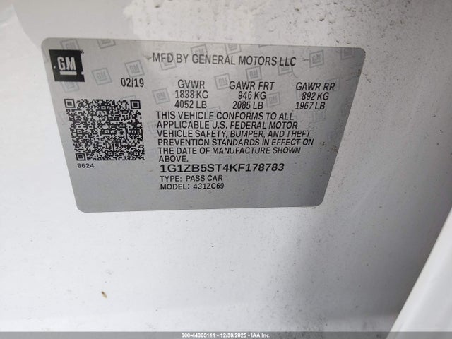 44005111 :رقم المزاد ، 1G1ZB5ST4KF178783 vin ، 2019 Chevrolet Malibu 1ls مزاد بيع