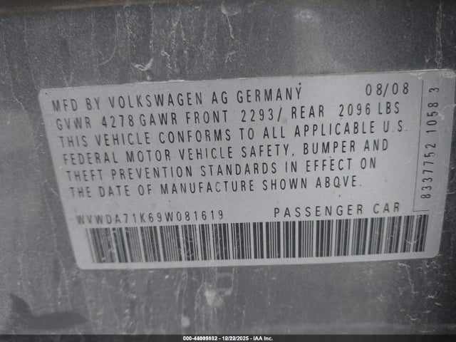 44005132 :رقم المزاد ، WVWDA71K69W081619 vin ، 2009 Volkswagen Rabbit S مزاد بيع