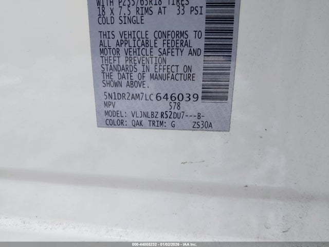 Продажа на аукционе авто 2020 Nissan Pathfinder S 4wd, vin: 5N1DR2AM7LC646039, номер лота: 44005232