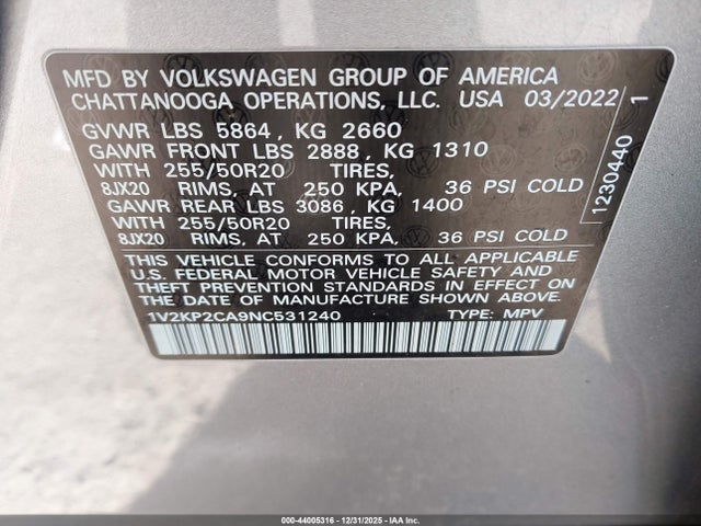1V2KP2CA9NC531240 Volkswagen Atlas 2.0t Se W/technology