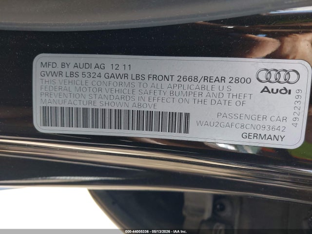 Aukcja sprzedaży 2012 Audi A7 Premium, vin: WAU2GAFC8CN093642, numer aukcji: 44005336