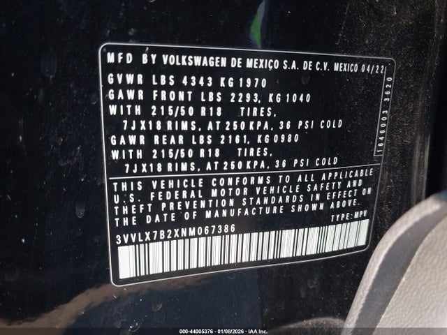 Продаж на аукціоні авто 2022 Volkswagen Taos 1.5t Se, vin: 3VVLX7B2XNM067386, номер лоту: 44005376