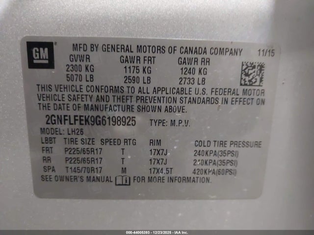 Продаж на аукціоні авто 2016 Chevrolet Equinox Lt, vin: 2GNFLFEK9G6198925, номер лоту: 44005393