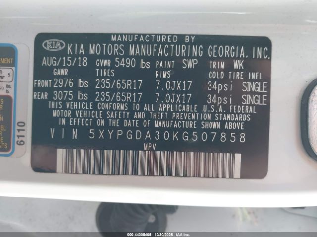 2019 KIA SORENTO 5XYPGDA30KG507858 Photo 8