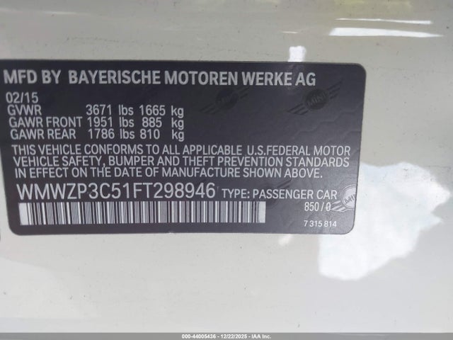 2015 MINI CONVERTIBLE WMWZP3C51FT298946 Photo 8