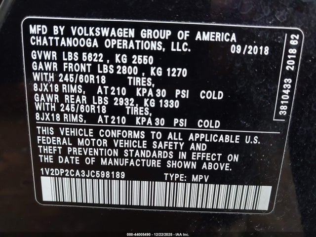 Продаж на аукціоні авто 2018 Volkswagen Atlas 2.0t Se/2.0t Se W/technology, vin: 1V2DP2CA3JC598189, номер лоту: 44005490