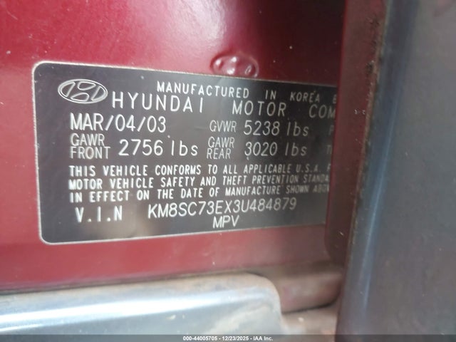 Aukcja sprzedaży 2003 Hyundai Santa Fe Gls/lx, vin: KM8SC73EX3U484879, numer aukcji: 44005705