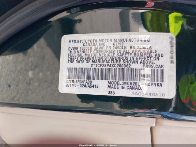 44005861 :رقم المزاد ، 2T1CF28P4XC260362 vin ، 1999 Toyota Camry Solara Se V6 مزاد بيع