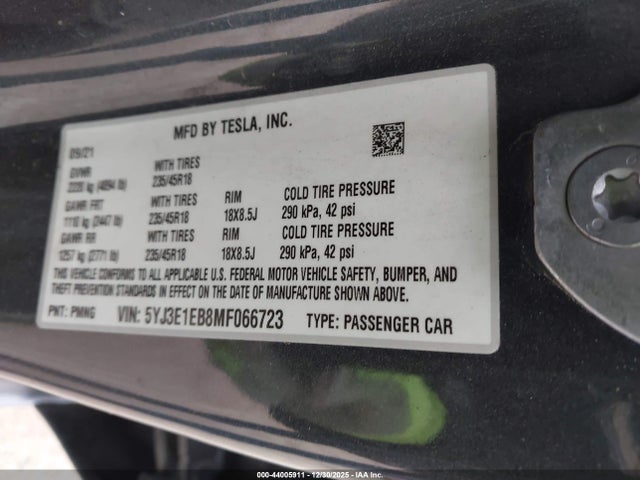 2021 TESLA MODEL 3 5YJ3E1EB8MF066723 Photo 8