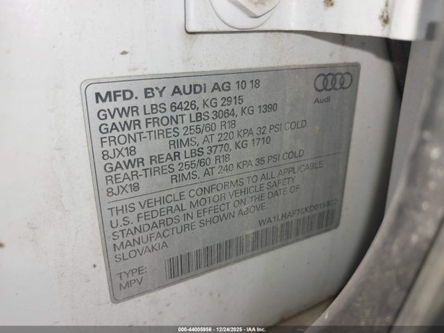 Aukcja sprzedaży 2019 Audi Q7 45 Premium, vin: WA1LHAF75KD015972, numer aukcji: 44005956