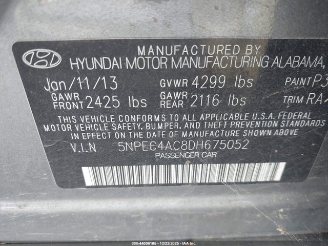 Продаж на аукціоні авто 2013 Hyundai Sonata Limited, vin: 5NPEC4AC8DH675052, номер лоту: 44006105