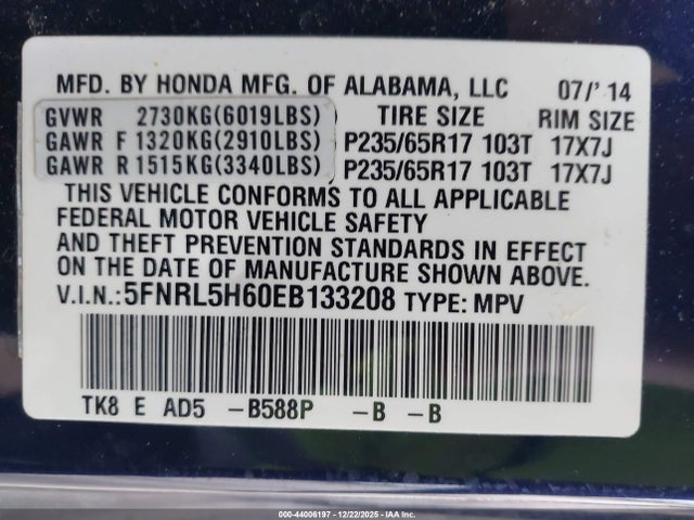 2014 Honda Odyssey Ex-l მანქანა იყიდება აუქციონზე, vin: 5FNRL5H60EB133208, აუქციონის ნომერი: 44006197
