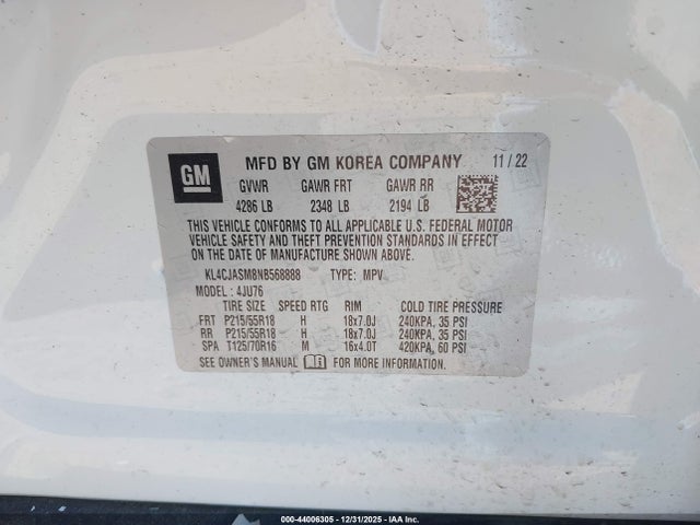 2022 Buick Encore Fwd Preferred მანქანა იყიდება აუქციონზე, vin: KL4CJASM8NB568888, აუქციონის ნომერი: 44006305