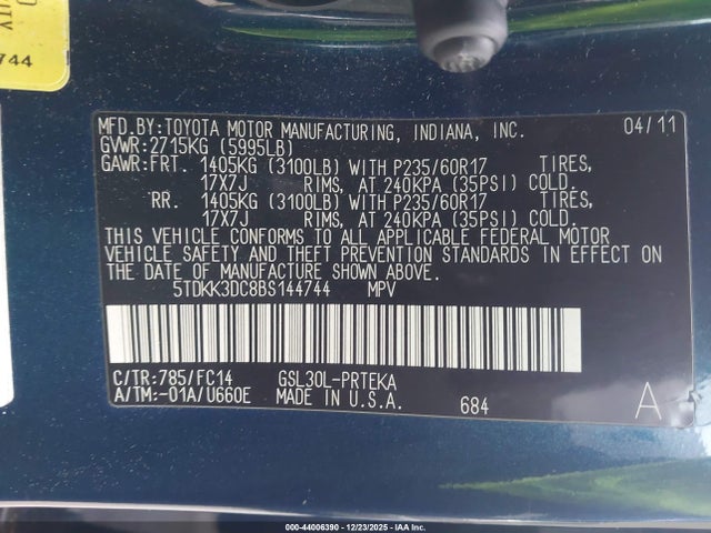 Auction sale of the 2011 Toyota Sienna Le V6, vin: 5TDKK3DC8BS144744, lot number: 44006390