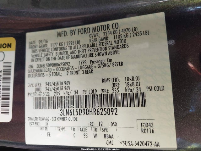 2017 Lincoln Mkz Select მანქანა იყიდება აუქციონზე, vin: 3LN6L5D90HR625092, აუქციონის ნომერი: 44006491