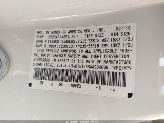 Aukcja sprzedaży 2010 Acura Rdx, vin: 5J8TB1H5XAA004809, numer aukcji: 44006514