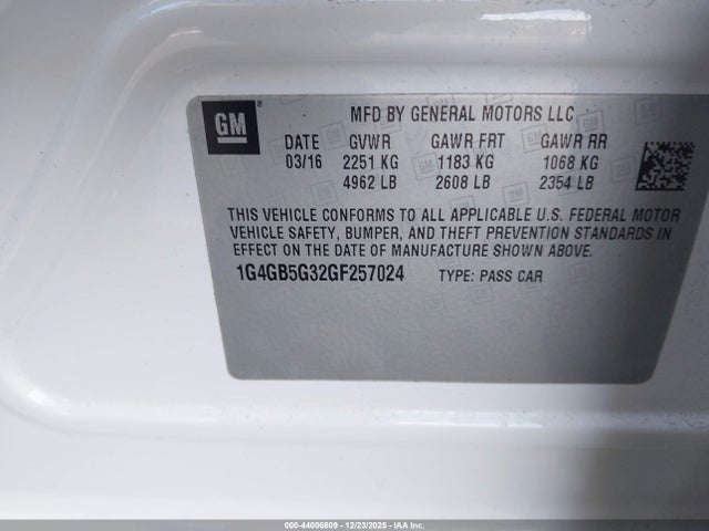 44006609 :رقم المزاد ، 1G4GB5G32GF257024 vin ، 2016 Buick Lacrosse Leather مزاد بيع