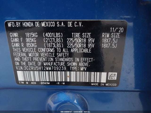 3CZRU5H12MM709239 Honda Hr-v 2wd Sport