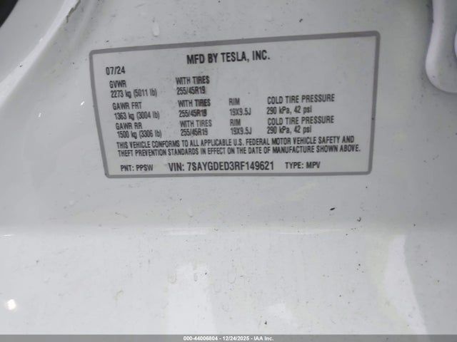 2024 TESLA MODEL Y 7SAYGDED3RF149621 Photo 8