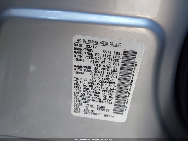 Продажа на аукционе авто 2017 Infiniti Qx70, vin: JN8CS1MW9HM414754, номер лота: 44006915