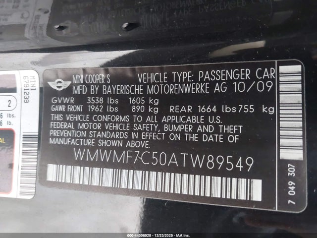 2010 MINI COOPER S WMWMF7C50ATW89549 Photo 8