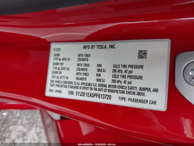 Продажа на аукционе авто 2023 Tesla Model 3 Rear-wheel Drive, vin: 5YJ3E1EA5PF613720, номер лота: 44006936