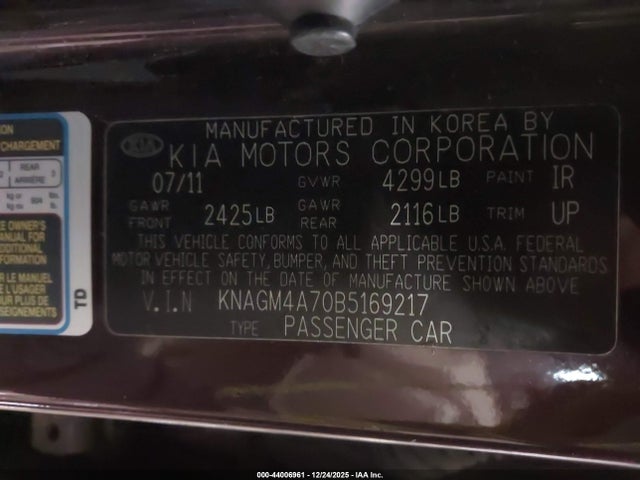 44006961 :رقم المزاد ، KNAGM4A70B5169217 vin ، 2011 Kia Optima Lx مزاد بيع