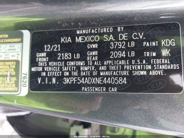 3KPF54ADXNE440584 KIA Forte Gt-line