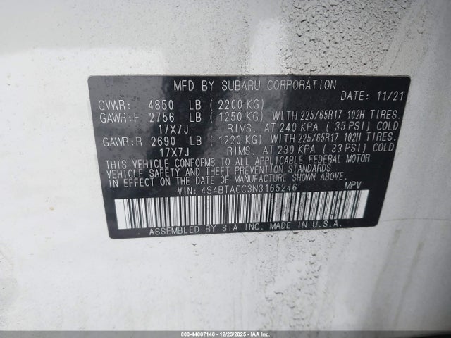 Aukcja sprzedaży 2022 Subaru Outback Premium, vin: 4S4BTACC3N3165246, numer aukcji: 44007140