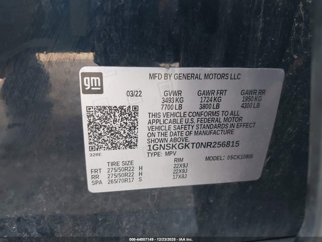 2022 Chevrolet Suburban 4wd High Country მანქანა იყიდება აუქციონზე, vin: 1GNSKGKT0NR256815, აუქციონის ნომერი: 44007149