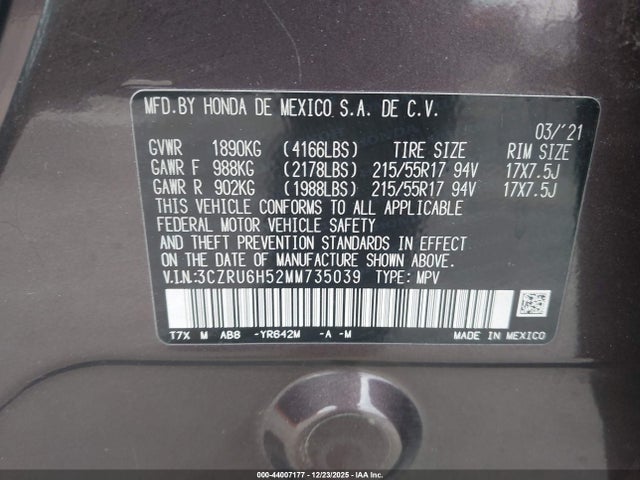 44007177 :رقم المزاد ، 3CZRU6H52MM735039 vin ، 2021 Honda Hr-v Awd Ex مزاد بيع