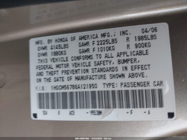 44007462 :رقم المزاد ، 1HGCM56786A121950 vin ، 2006 Honda Accord 2.4 Ex مزاد بيع