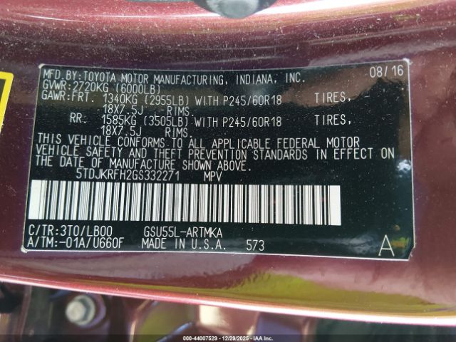 2016 TOYOTA HIGHLANDER 5TDJKRFH2GS332271 Photo 8