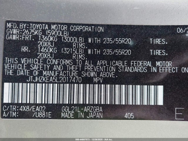 Продаж на аукціоні авто 2020 Lexus Rx 350l, vin: JTJHZKEA5L2017470, номер лоту: 44007573