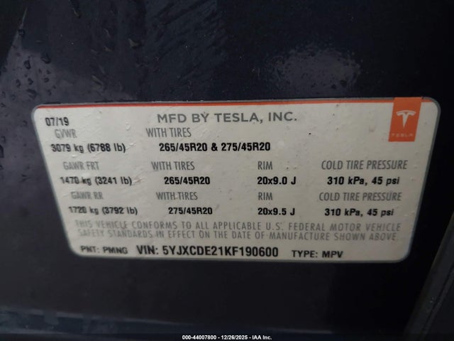 2019 TESLA MODEL X 5YJXCDE21KF190600 Photo 8