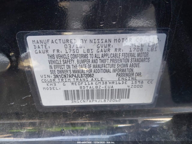 3N1CN7AP4JL872062 Nissan Versa 1.6 Sv