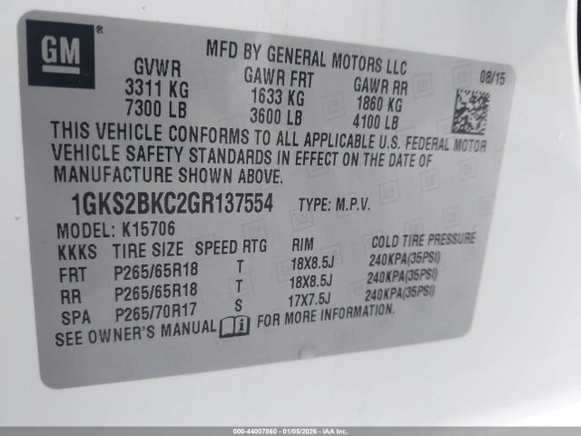 2016 Gmc Yukon Slt მანქანა იყიდება აუქციონზე, vin: 1GKS2BKC2GR137554, აუქციონის ნომერი: 44007860