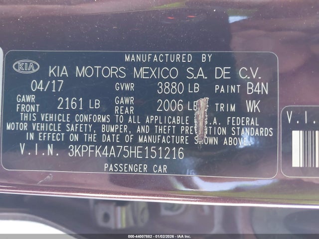Aukcja sprzedaży 2017 Kia Forte Lx, vin: 3KPFK4A75HE151216, numer aukcji: 44007882