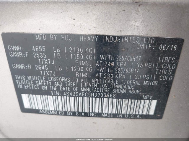 4S4BSAFC9H3203968 Subaru Outback 2.5i Premium