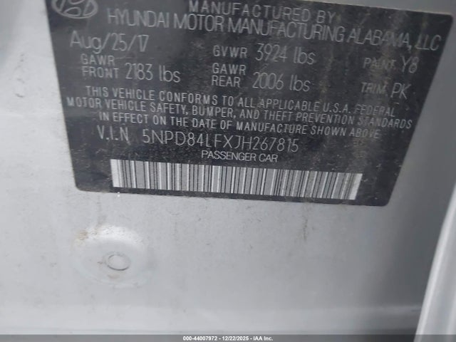 5NPD84LFXJH267815 Hyundai ELANTRA SEL