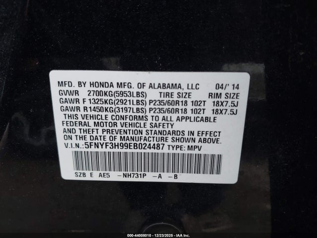 5FNYF3H99EB024487 Honda Pilot Touring