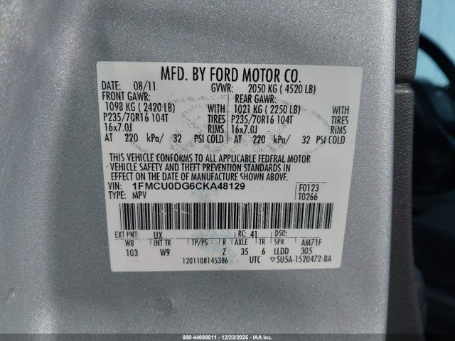 2012 Ford Escape Xlt მანქანა იყიდება აუქციონზე, vin: 1FMCU0DG6CKA48129, აუქციონის ნომერი: 44008011