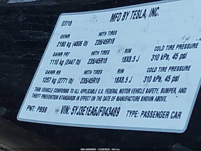 2018 TESLA MODEL 3 5YJ3E1EA6JF043489 Photo 8