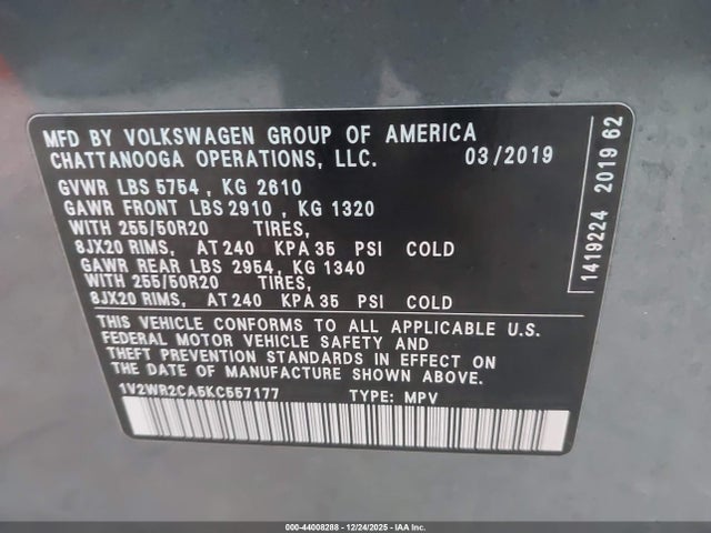 1V2WR2CA5KC557177 Volkswagen Atlas 3.6l V6 Se W/technology