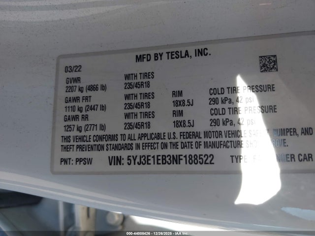 2022 Tesla Model 3 Long Range Dual Motor All-wheel Drive მანქანა იყიდება აუქციონზე, vin: 5YJ3E1EB3NF188522, აუქციონის ნომერი: 44008426