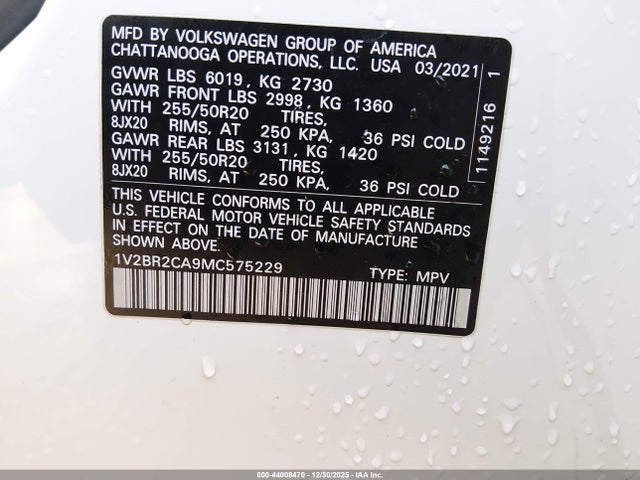 Aukcja sprzedaży 2021 Volkswagen Atlas 3.6l V6 Sel, vin: 1V2BR2CA9MC575229, numer aukcji: 44008470