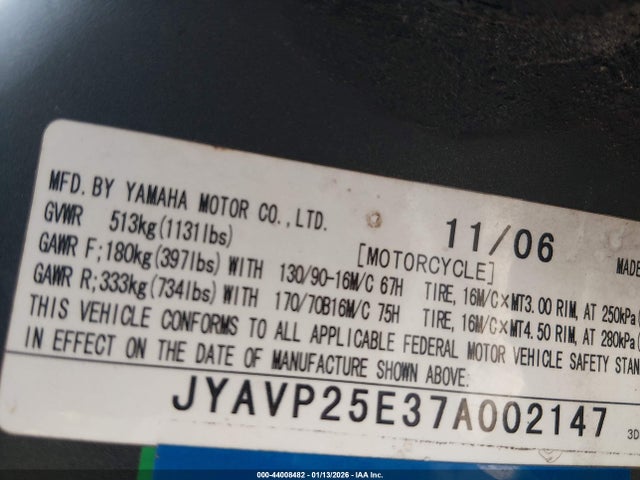 2007 YAMAHA XVS1300 JYAVP25E37A002147 Photo 9
