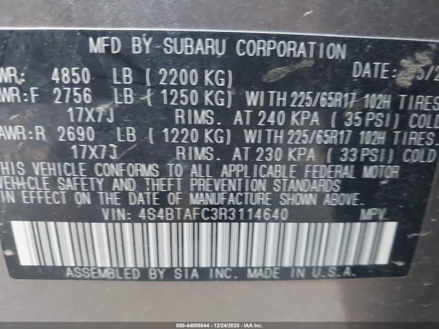 4S4BTAFC3R3114640 Subaru Outback Premium