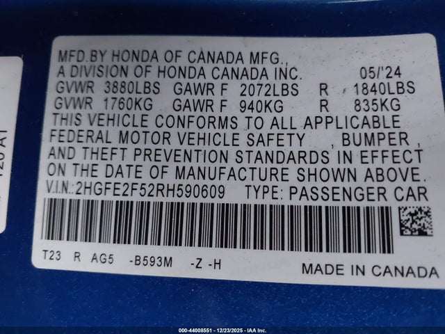 Honda Civic Sport 2024 2HGFE2F52RH590609 Image 9