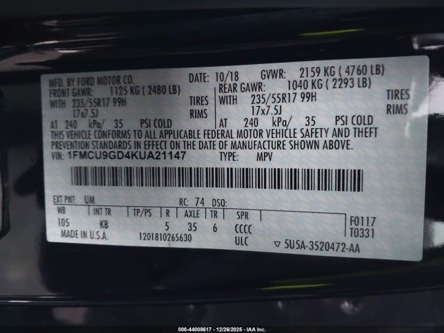 1FMCU9GD4KUA21147 Ford ESCAPE SE